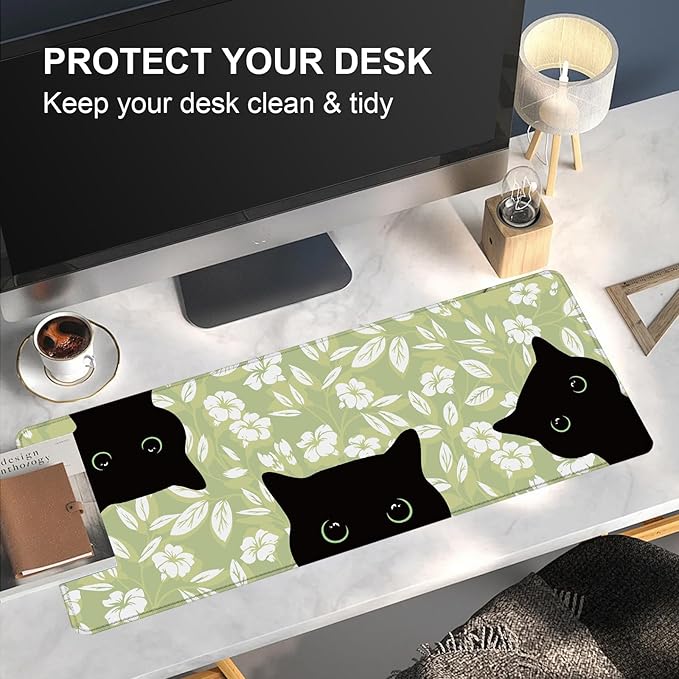 Large Desk Mat, Desk Matt for Desktop, Computer Gaming Mouse Pads, Anti-Slip Rubber Base, Stitched Edges Soft Mat for Desktop Office Home 31.5 x 11.8 Inches (Cute Green Leaf Cat)