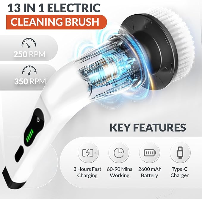 Electric Spin Scrubber-13in1 Cordless Electric Cleaning Brush-9 Replaceable Brush Heads-2 Speeds Shower Scrubber-3 Adjustable Size Handle-IPX7 Waterproof Bathroom Cleaner,Crevice Brush,Tile,Walls,Tub