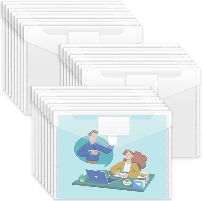 Sooez 24 Pack Plastic Envelopes Poly Envelopes, Clear Document Folders US Letter A4 Size File Envelopes with Label Pocket for School Home Work Office Organization, Clear