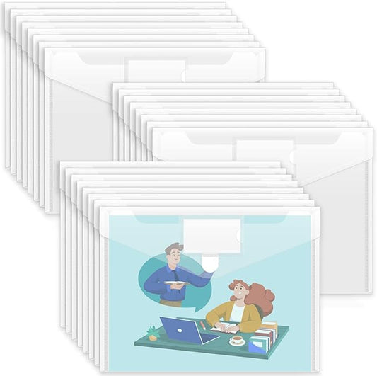 Sooez 24 Pack Plastic Envelopes Poly Envelopes, Clear Document Folders US Letter A4 Size File Envelopes with Label Pocket for School Home Work Office Organization, Clear