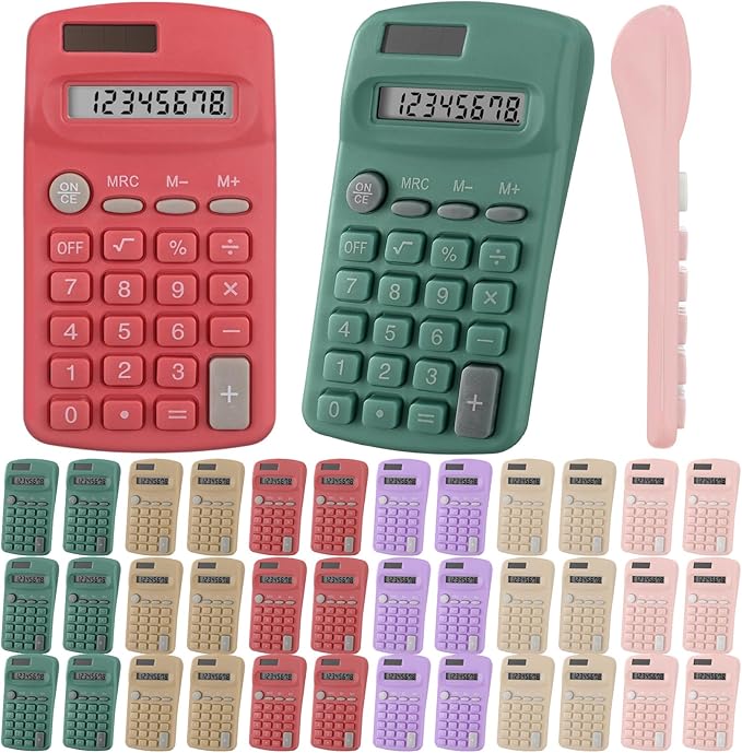 18 Pcs Pocket Size Basic Calculators Bulk for Classroom Solar Battery Dual Power Display Calculator 8 Digit Colored Basic Calculator for Kids Student School Office