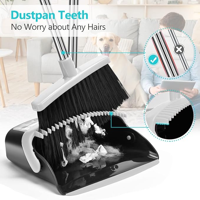 Aifacay Broom and Dustpan Set, Broom with Dustpan Sets, Long Handle Dust Pan, Standing Brooms Combo Set Heavy Duty for Home Kitchen Indoor Outdoor Lobby Office Collapsible Dust pan with Cleaning Teeth