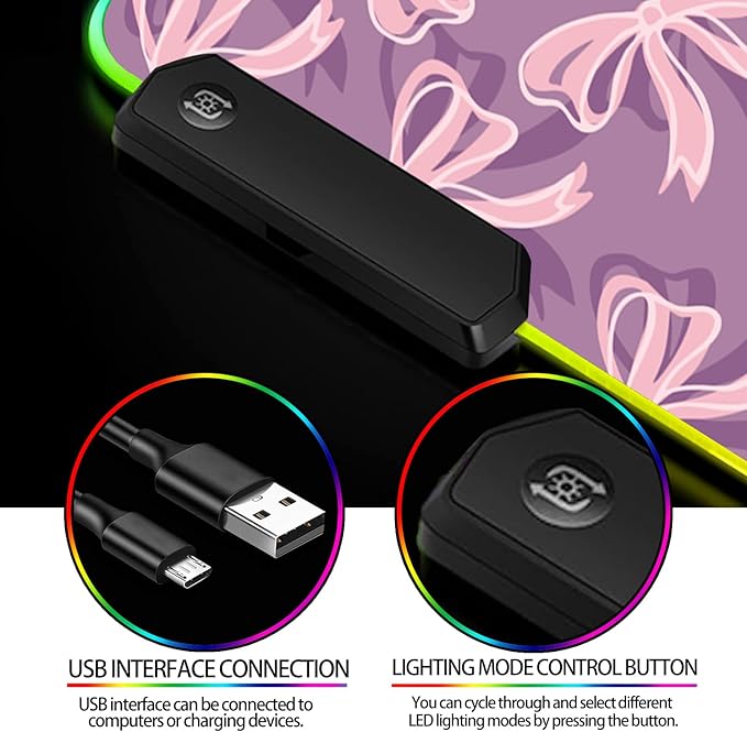 RGB Pretty Purple Bows Gaming Desk Mat, Computer Keyboard Large Extended Long Girly LED Mouse Pad for Office and Home, XL (W15)