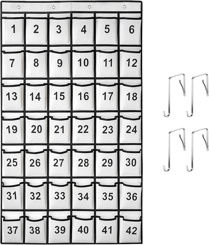 42 Pockets Numbered Classroom Pocket Chart for Cell Phones, Hanging Pocket Chart Storage for Classroom Phone Calculator Holder with 4 Hooks and 42 Clear Numbers Printing (White-42pockets)