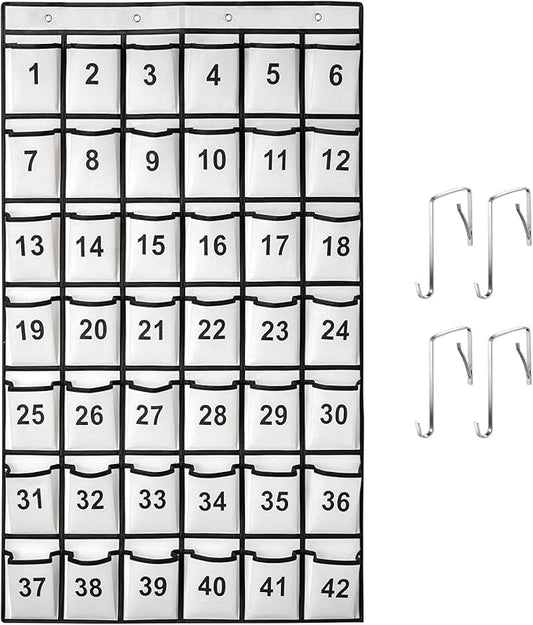 42 Pockets Numbered Classroom Pocket Chart for Cell Phones, Hanging Pocket Chart Storage for Classroom Phone Calculator Holder with 4 Hooks and 42 Clear Numbers Printing (White-42pockets)