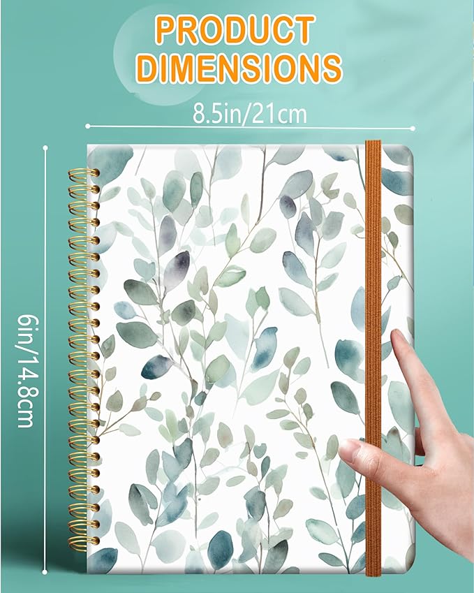 Ruled Spiral Writing Notebook,A5 Hardcover Lined College Journal for Women Lady Girl,Strong Twin-Wire Binding with Premium Paper,8.4" X 6",Perfect for School,Office,Home Gifts(watercolor Leaf