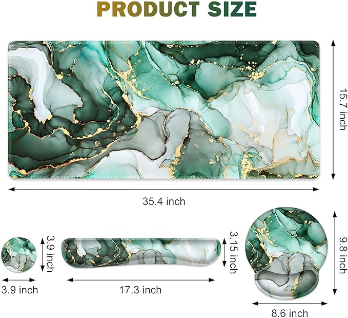 Gaming Mouse Pad, Large Desk Mat, Cute Desk Pad Protector, 4in1 XXL Mousepad + Keyboard Wrist Rest+Mouse Wrist Rest+Coaster Set with Ergonomic Desk Pad for Home Office PC Computer, Green Marble