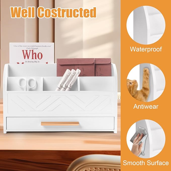 Mail Organizer Countertop Kitchen-White Mail Holder Countertop Drawers Wood Desk Drawer Tabletop Storage Organization Pen Holder Letter Sorter Makeup Organizer for School Home Office Supplies