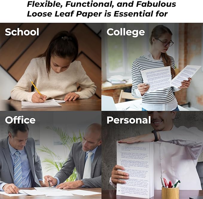 Rosmonde Loose Leaf Paper Bulk, 3600 Sheets, Wide Ruled, 8 x 10.5", Bulk Filler Paper for Office, 56 Gsm Thick Sheets, 3 Hole Punched for Binders, 24 Pack, 150 Sheets/Pack, Notebook Papers, White