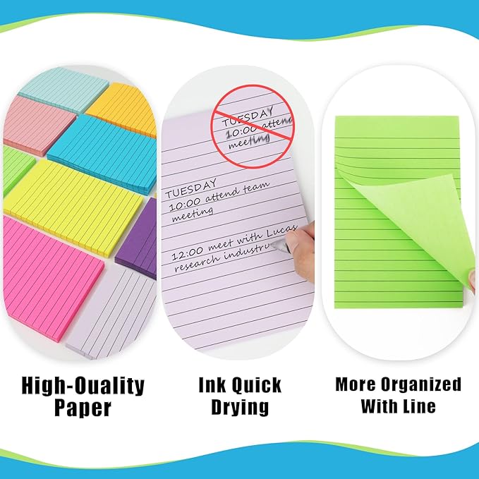 SACATR 36 Pads Lined Sticky Notes, Sticky Note Pads 4x6 inches, 12 Bright Color Sticky Notes with Lines Self-Stick Note Pads, Perfect for Office Home,School