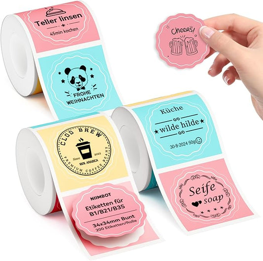 NIIMBOT Labels 3 Rolls Set for B1/B21/B31 Sticker Printer, 34x34mm (1.34'' x 1.34'') 200 Labels/Roll, Refill Labeling Tape for Home School Office Small Business (Colorful)