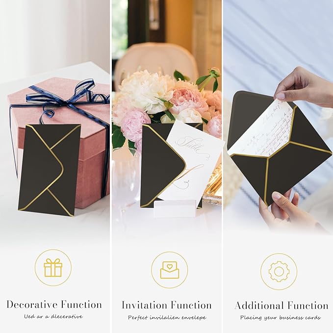 Black 5x7 Envelopes 50 Pcs, Goefun A7 Envelopes for Invitation, V-Flap with Gold Border for Baby Shower, Graduation, Announcements, 5.25 x 7.25 inches