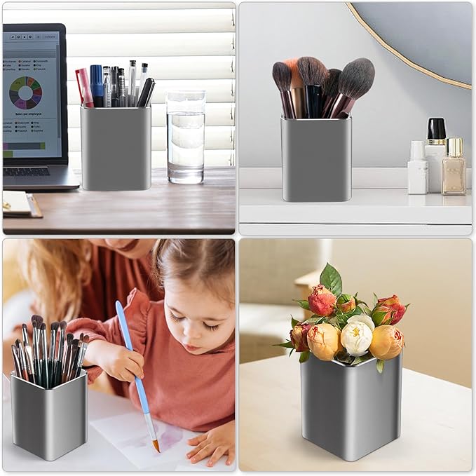 RQB Metal Pen Holder for Desk Square Aluminum Desktop Organizer and Makeup Brush Holder Storage Box for Office, School, Home, and Kids, Non-slip silicone 4×3.15inch-Gray