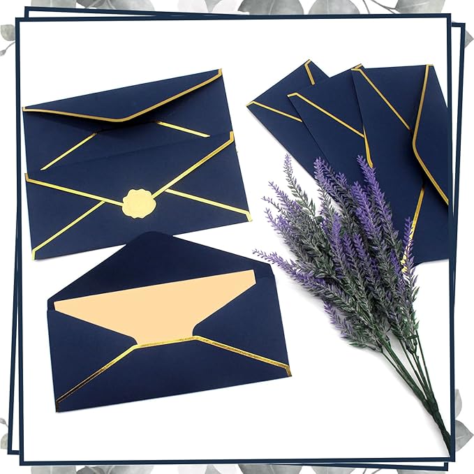 Business Envelopes with V-Flap,Gold Border 30 Pack #10 Envelopes Made of 150gsm Paper, Standard Envelopes with Gold Stickers for Office, Checks, Letter Mailing,9.45 * 4.13 Inches(Navy Blue)