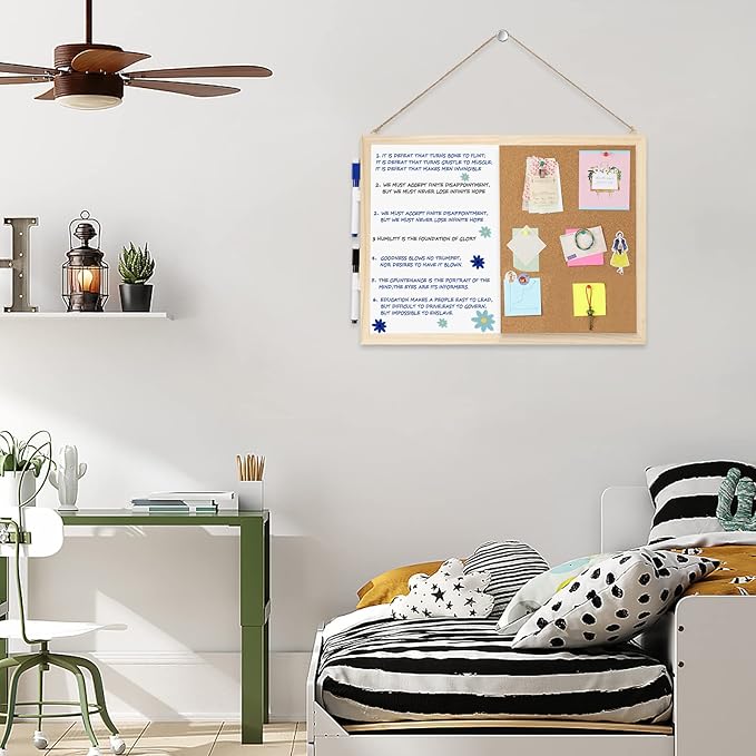 2-Pack Cork Board White Board Combo - 15.7 x 12 inches Whiteboard Bulletin Combination Board Hanging Office White Push Pin Board Vision Board for Room School Office Bedroom (with Pins, Hardware, Rope)