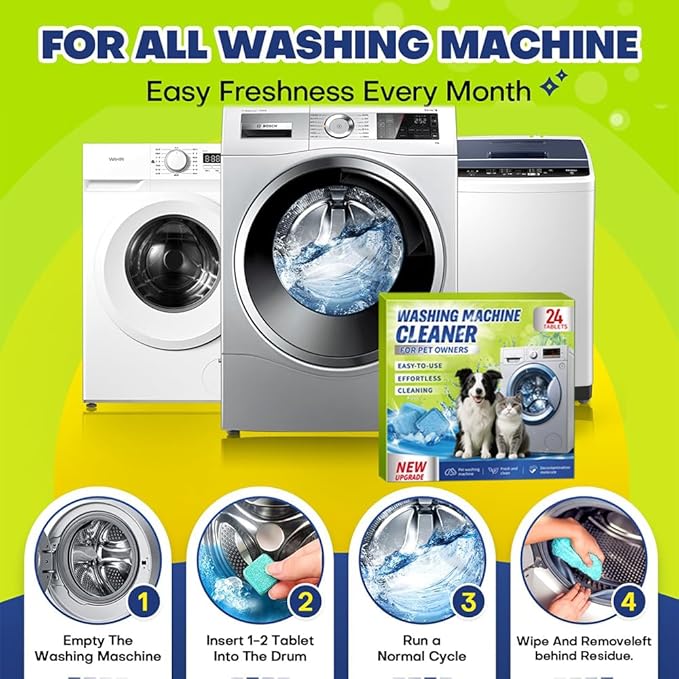 DKYM Washing Machine Cleaner Tablets for Pet Owners - Easily Removes Cat & Dog Hair, Urine, Odor,Residue,Front & Top Load Washer Machine Cleaner Deep Cleaning, Septic Safe, 24 Pack (12 Month Supply)