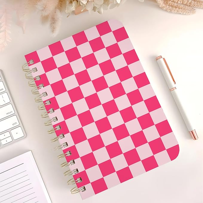 Cute Spiral Notebook journal A5 Aesthetic Pretty Floral Design for Women Girls Kawaii with Pocket, 8.5 x 5.7 inch, Pink Plaid