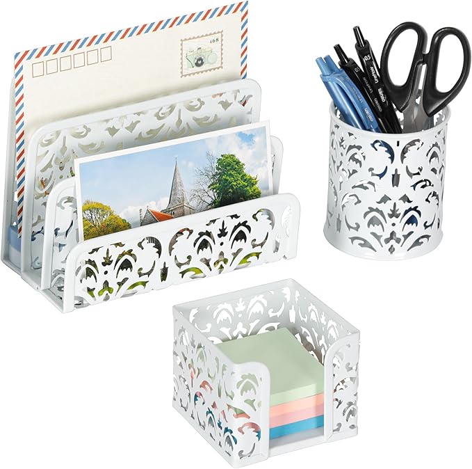 EasyPAG Desk Organizers and Accessories 3 Pieces Office Organizer Set - Pen Holder for Desk, Mail Sorter Countertop and Sticky Note Holder, White
