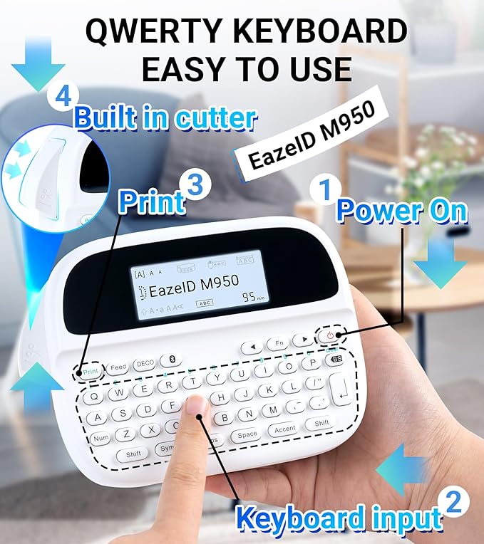 M950 Label Maker, Rechargeable Label Maker Machine with Labels-Waterproof, Bluetooth Labeler Portable, QWERTY Keyboard & Backlit LCD Screen for Home Office School