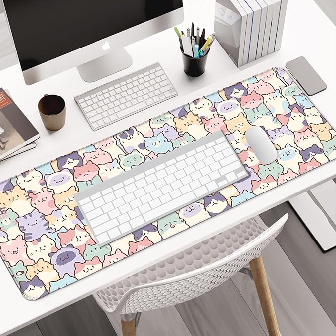 Pink Cat Gaming Mouse Pad, Extended Large Kawaii Desk Mat, Computer Keyboard Laptop Mousepad for Work, Office and Home, XL