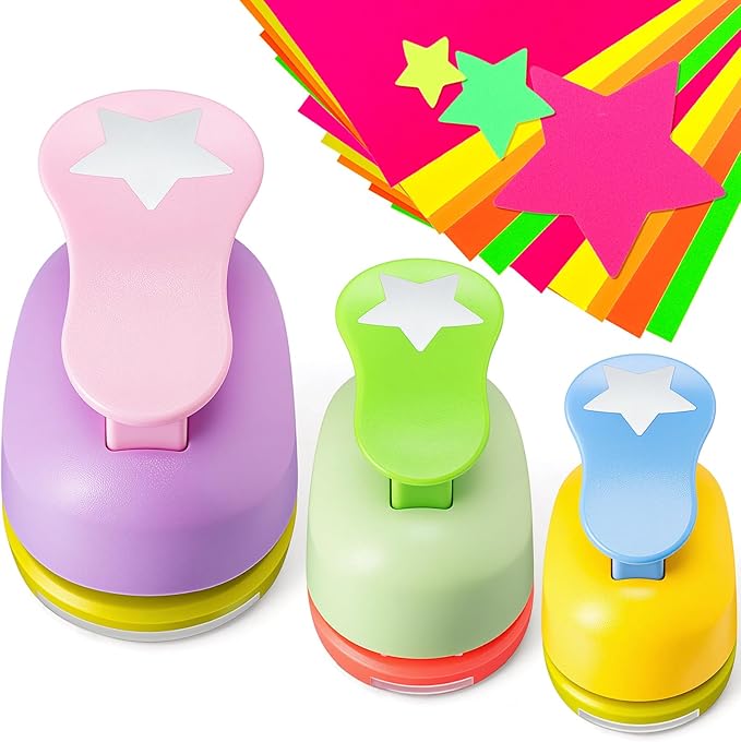 Chengu 3 Pack Craft Hole Punch 2,1 and 5/8 Inch Punch Paper Punchers with 10 Pcs Sticker, Cutter for Card Making Scrapbook DIY Albums Photos Office Supplies(Star)
