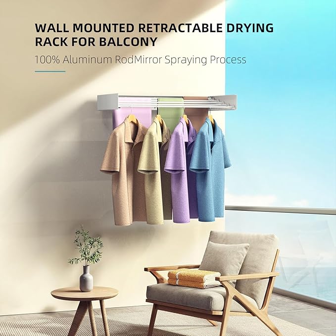 Laundry Drying Rack, Collapsible Wall Mounted Clothes Drying Rack - Drying Rack Clothing Foldable,Space Saving, 31.5" Wide, 13.2 Linear Ft, 5 Aluminum Rods, 60 lb Capacity (White, 23.6")
