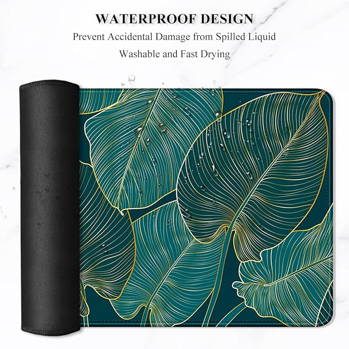 Auhoahsil Desk Mat, Ultra Large Mouse Pad, XXL Gaming Mousepad, Green Tropical Leaves Deskpad, Big Extended Full Size Mouse Pad, Desktop Desk Matt for Keyboard, Laptop & Computer, 35.5 x 15.7 in