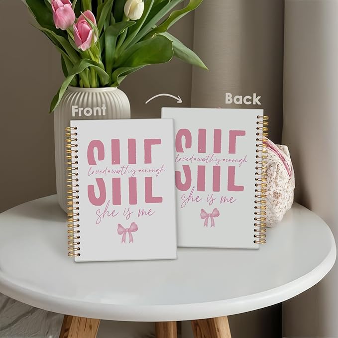 Coquette Pink Bow Christian Spiral Notebook, Bible Journaling Notebook, Religious Prayer Journal for Woman, Church Notes Journal, She Loved Worthy Enough Hardcover Notebooks 5.5x8.3
