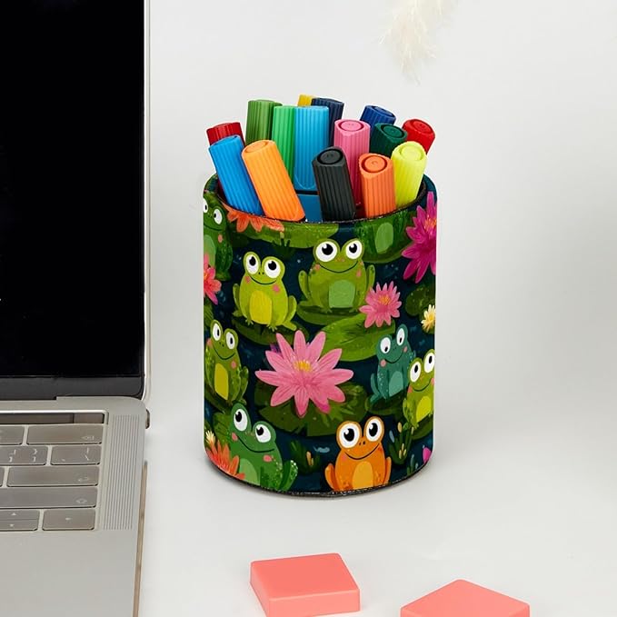 Leather Pen Holder for Desk Colored Frogs Pencil Cup Desktop Organizer Makeup Brush Holders Office Supplies for Home, Kids & School