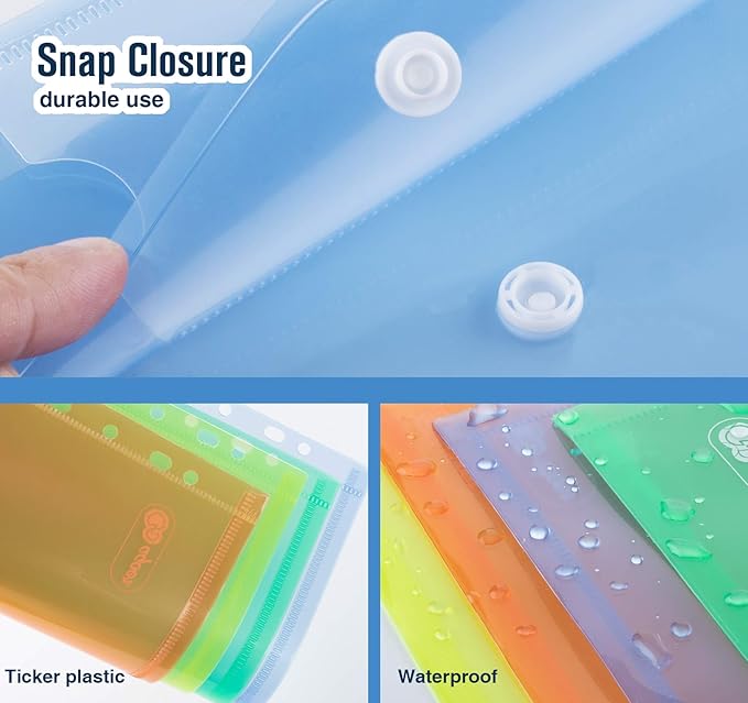 ABSOFINE 24 Pack Plastic Envelope Document Folders with Label Pocket and Snap Button for Home Work Office Organization, A4 Letter Size, Binder Pocket Folders for 11 Ring Binder, Assorted Colors