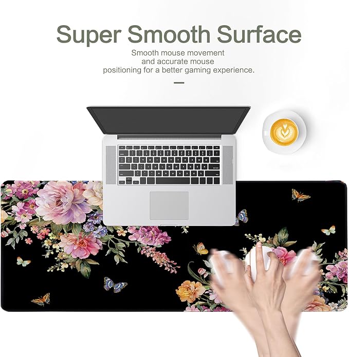 Desk Mat Mouse Pad Butterfly Flower, 35.4x15.7 in Pink Floral XXXL Extended Large Gaming Desk Pad Mousepad, Waterproof Black Computer Laptop Keyboard Mat for Women Girls Work, Game, Office, Home