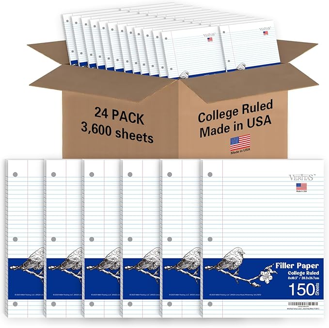 Loose Leaf Notebook Paper, 8"x10-1/2" College Ruled Lined Paper, 3 Hole Punched For 3 Ring Binder, 150 Sheets/Pack, 24PK Per Carton, 3600 Sheets, Made In USA