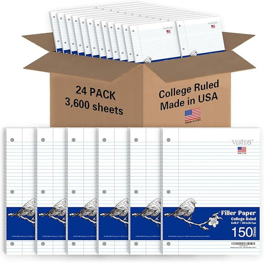 Loose Leaf Notebook Paper, 8"x10-1/2" College Ruled Lined Paper, 3 Hole Punched For 3 Ring Binder, 150 Sheets/Pack, 24PK Per Carton, 3600 Sheets, Made In USA