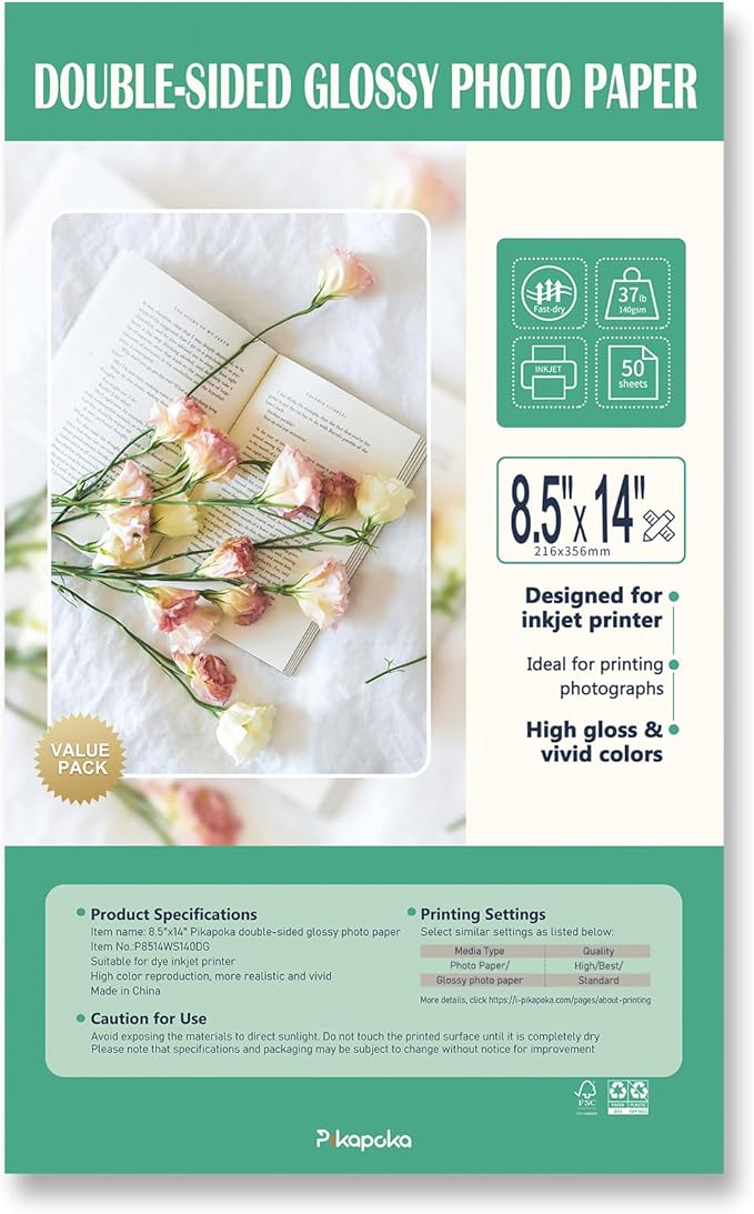 Double Sided Glossy Photo Paper 8.5 x 14 Legal Size for Inkjet Printer, 50 Pack, 140gsm/52lb