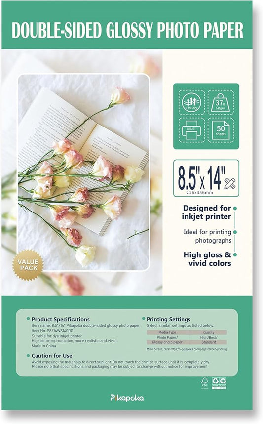 Double Sided Glossy Photo Paper 8.5 x 14 Legal Size for Inkjet Printer, 50 Pack, 140gsm/52lb
