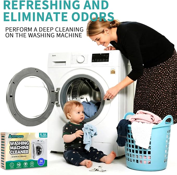 Anmoro Washing Machine Cleaner Tablets,24 Pack Deep Cleaning Tablets for HE,Front & Top Load Washers - Eliminates Odor-Causing Buildup,Debris from the Drum,and Pet Hair,Septic Safe - 1 Year Supply