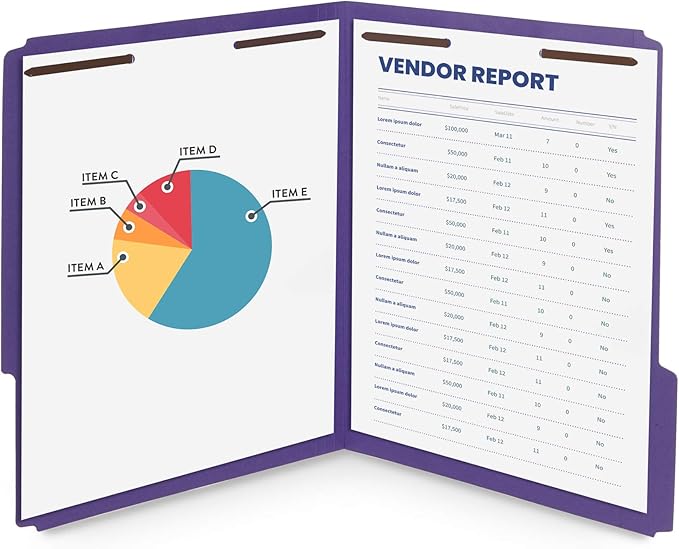 50 Purple File Folders with Fasteners, 1/3 Cut Reinforced Tab, Durable 2 Prong Fastener File Folder, Designed to Organize Standard Medical Files, Law Client Files, Office Reports, Letter Size, Purple