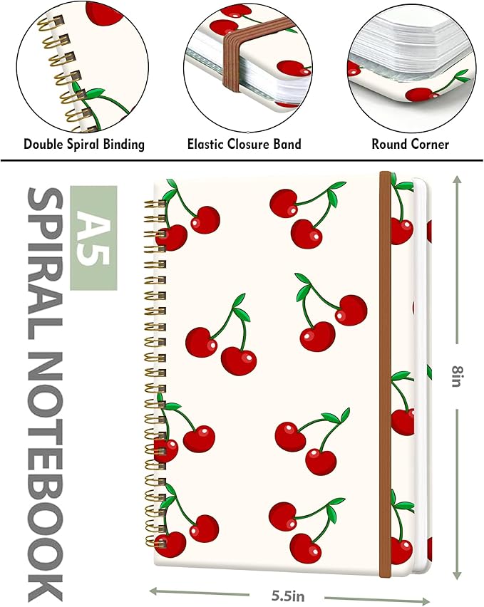 Spiral Journal Notebook for Women, Hardcover A5 College Ruled Notebook, 60 Sheet, Thick Paper, Cute Lined Journal for School, Office & Work, 6 x 8.4 in(Cute Cherry)