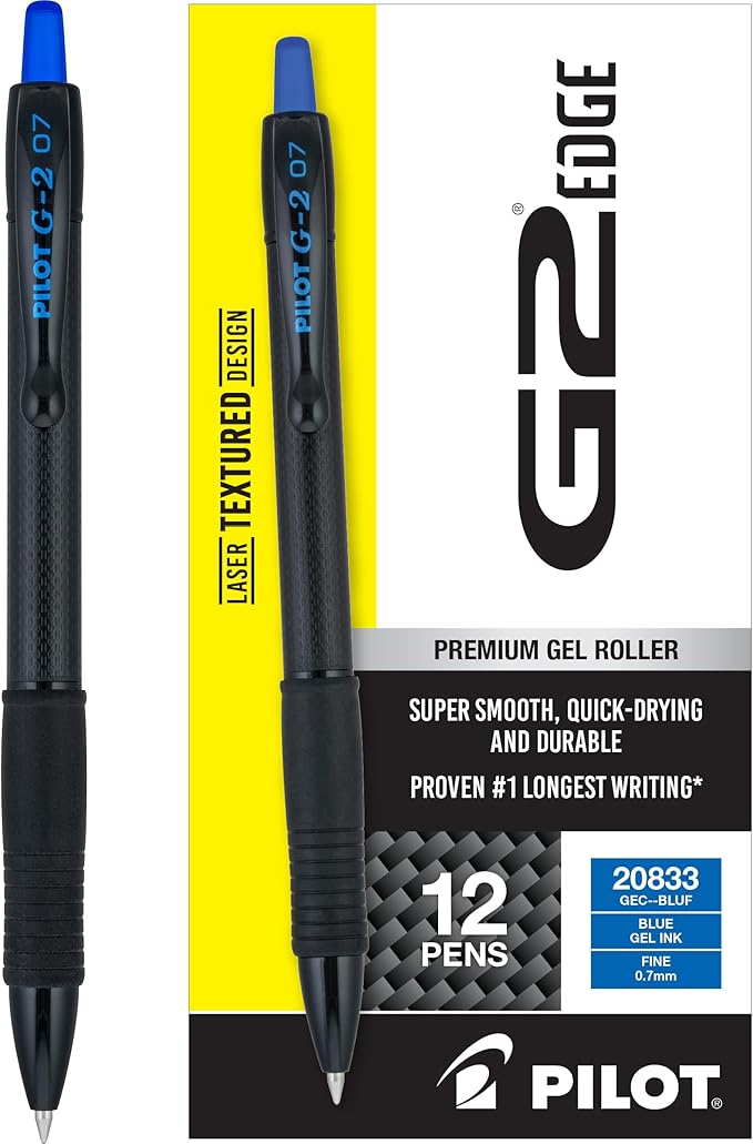 PILOT G2 Edge Blue Premium Gel Roller Pens, 0.7 mm Fine Point Pens, Sensory Writing Experience, 12ct Box - Ideal for School, Journaling & Office Writing
