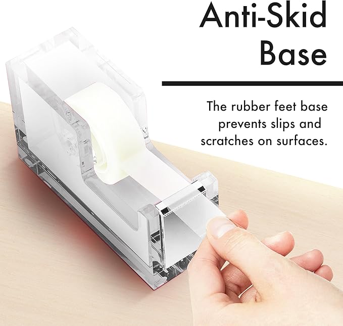 OfficeGoods Acrylic Tape Dispenser – Modern Desk Organizer for Office Supplies – Heavy Duty Refillable Tape Holder for Home and School Crafting – Stylish Desktop Accessory for Gift Wrapping, Silver