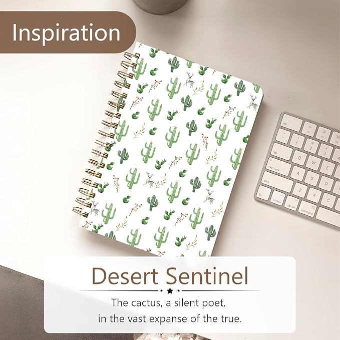 Cute Spiral Notebook journal A5 Aesthetic Pretty Floral Design for Women Girls Kawaii with Pocket, 8.5 x 5.7 inch, Cactus