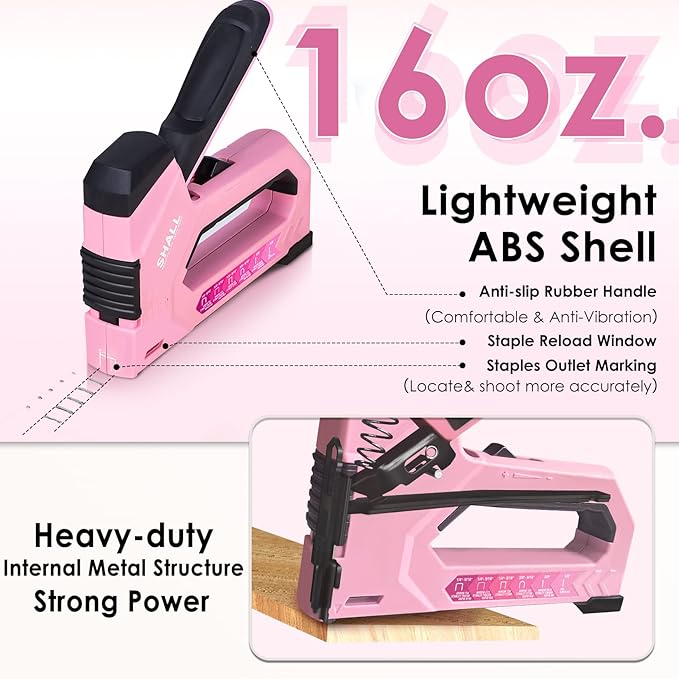 SHALL 6-in-1 Staple Gun Heavy Duty - Pink Upholstery Stapler Nail Gun with 4000 Counts Staples, Women Manual Brad Nailer with Stapler Remover for Wood, Crafts, Fabric, Decoration, Carpentry, Furniture