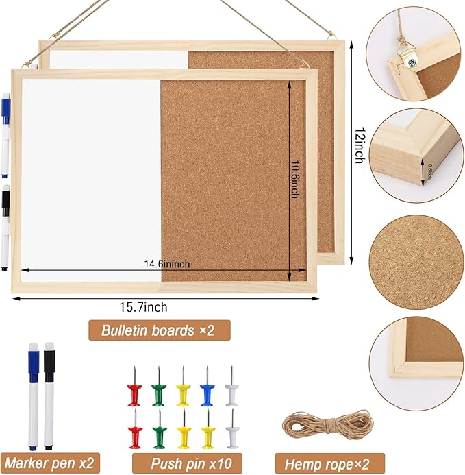 2-Pack Cork Board White Board Combo - 15.7 x 12 inches Whiteboard Bulletin Combination Board Hanging Office White Push Pin Board Vision Board for Room School Office Bedroom (with Pins, Hardware, Rope)