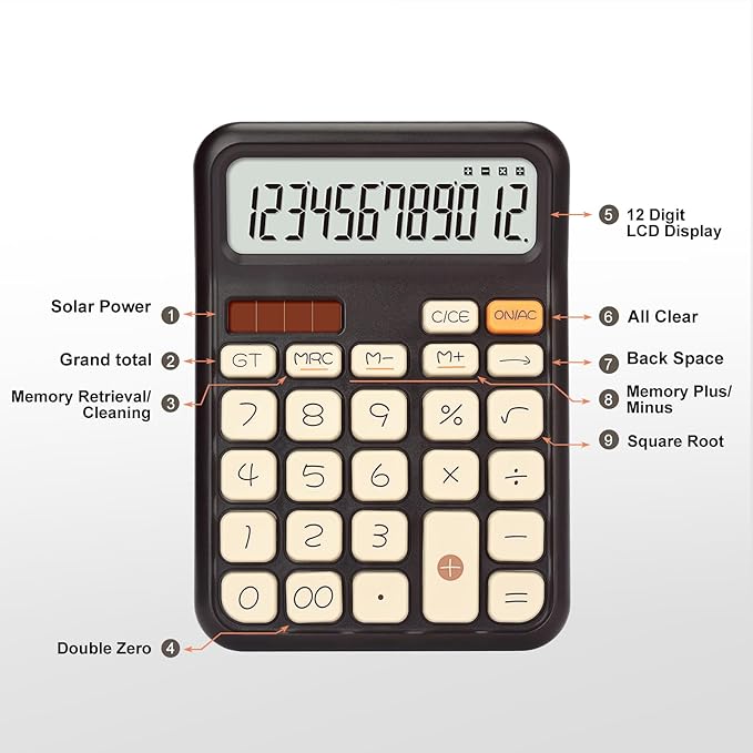 Pendancy Calculators Desktop, Basic 4 Function Handheld Desk Calculator with Solar Battery Dual Power, 12 Digit Large LCD Display Big Button for Office School Home Use (Brown)