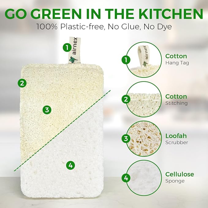 Natural Loofah Sponges for Dishes Pack of 6 - Compostable and Cellulose Kitchen Loofah - Plastic Free Dish Sponges Kitchen with Cotton Hanging Loop