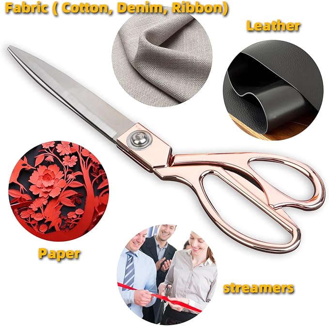 Heavy Duty Sharp Scissors 10.5" - Stainless Steel Rose Gold Fabric Scissors for Ribbon, Sewing, Paper, Leather Cutting - All-Purpose