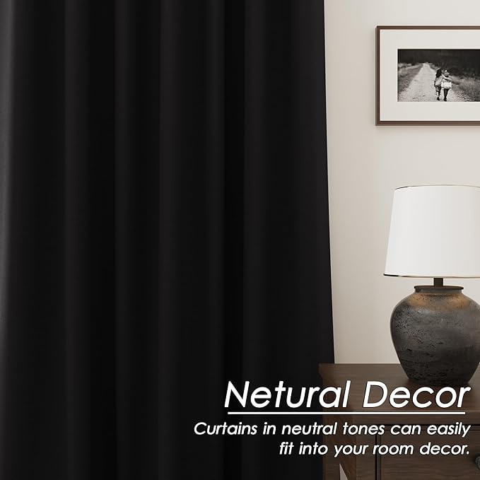 100% Blackout Linen Curtains 100 Inches Long 2 Panels for Bedroom Back Tab Pinch Pleated Black Out Curtain Modern Urban Noise Cancelling Total Light Blocking Window Drapes 100 Inch Length,Black