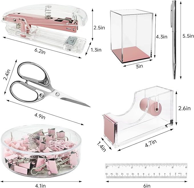 DRQ Pink Desk Organizers and Accessories Office Supplies, 10Pcs Set for Office with Stapler, Tape Dispenser, Pens, Pen Holder, Phone Holder, Tape, Ruler, 1 Box Staple, Scissors and 1 Box of Clip