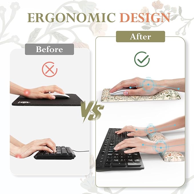iCasso Mouse Pad with Wrist Rest,Large Desk Mat Set,Ergonomic Keyboard Pad with Wrist Support,Non-Slip Mouse Mat for Women,Cute Floral Computer Mat for Home Office Gaming (Beige)