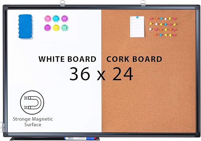 Magnetic White Board and Cork Board Combo, 36 X 24 inches Whiteboard Bulletin Combination Board, Wall Mounted Dry Erase Message Board for Home, School and Office, Black
